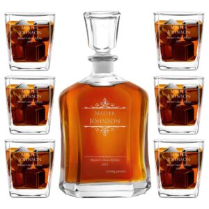 maverton whiskey carafe + 6 glasses with engraving - 23 fl oz. classical spirits decanter for her - 10 fl oz glasses for women - whisky set - for birthday - personalized glassware - master
