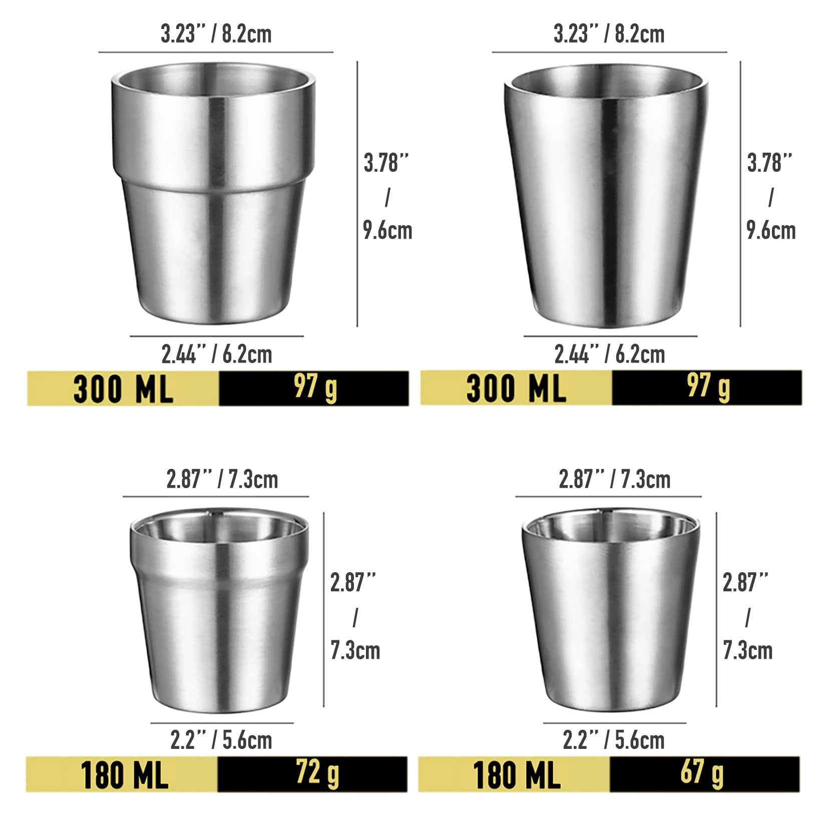 UPTALY 4 pcs Stainless Steel Cups (10 oz, Large Silver Type B), Unbreakable Camping Mugs (3.23'' x 3.78''), Small Espresso Cup, Double Walled Latte Mugs, Shot Cup, Tumbler, Thicken Coffee Cup