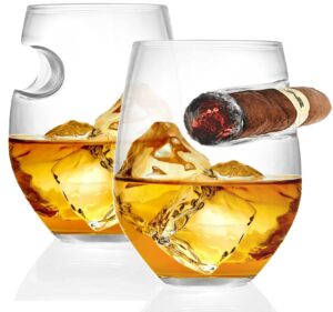 bezrat whiskey cigar glasses - pack of 2-10 oz - double old fashioned round tumbler with side mounted cigar holder rest - whiskey glasses christmas gift (2 pack)