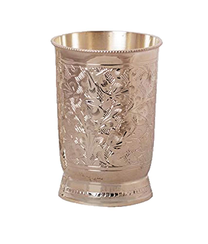 PARIJAT HANDICRAFT Brass beautifully embossed mint julep cup, water tumbler, drinking glass coated with silver