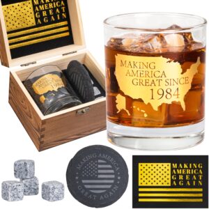 crisky 40th birthday bourbon whiskey glass & stones 40th birthday gift for men making xx great since 1984 includes one crystal whisky glass, 4 chilling stones, 1 slate coaster in luxury wooden box