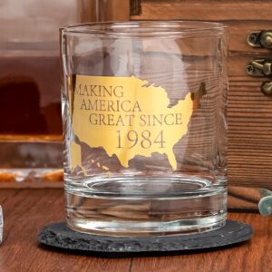 Crisky 40th Birthday Bourbon Whiskey Glass & Stones 40th Birthday Gift for Men Making XX Great Since 1984 Includes One Crystal Whisky Glass, 4 Chilling Stones, 1 Slate Coaster in Luxury Wooden Box