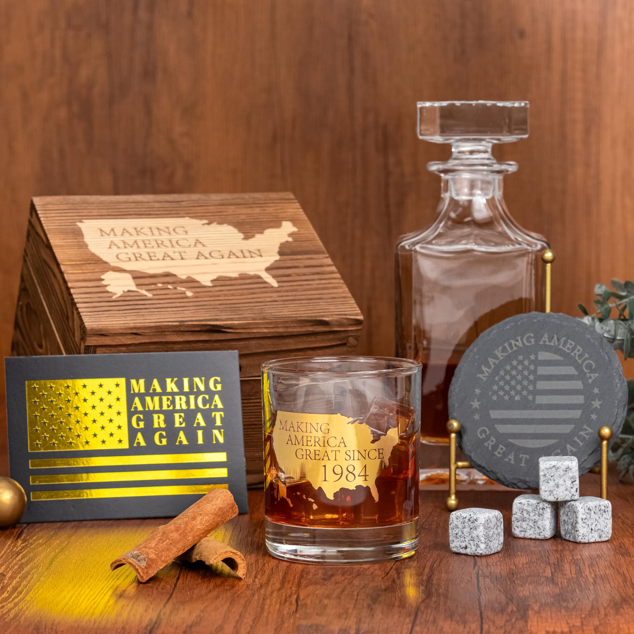 Crisky 40th Birthday Bourbon Whiskey Glass & Stones 40th Birthday Gift for Men Making XX Great Since 1984 Includes One Crystal Whisky Glass, 4 Chilling Stones, 1 Slate Coaster in Luxury Wooden Box