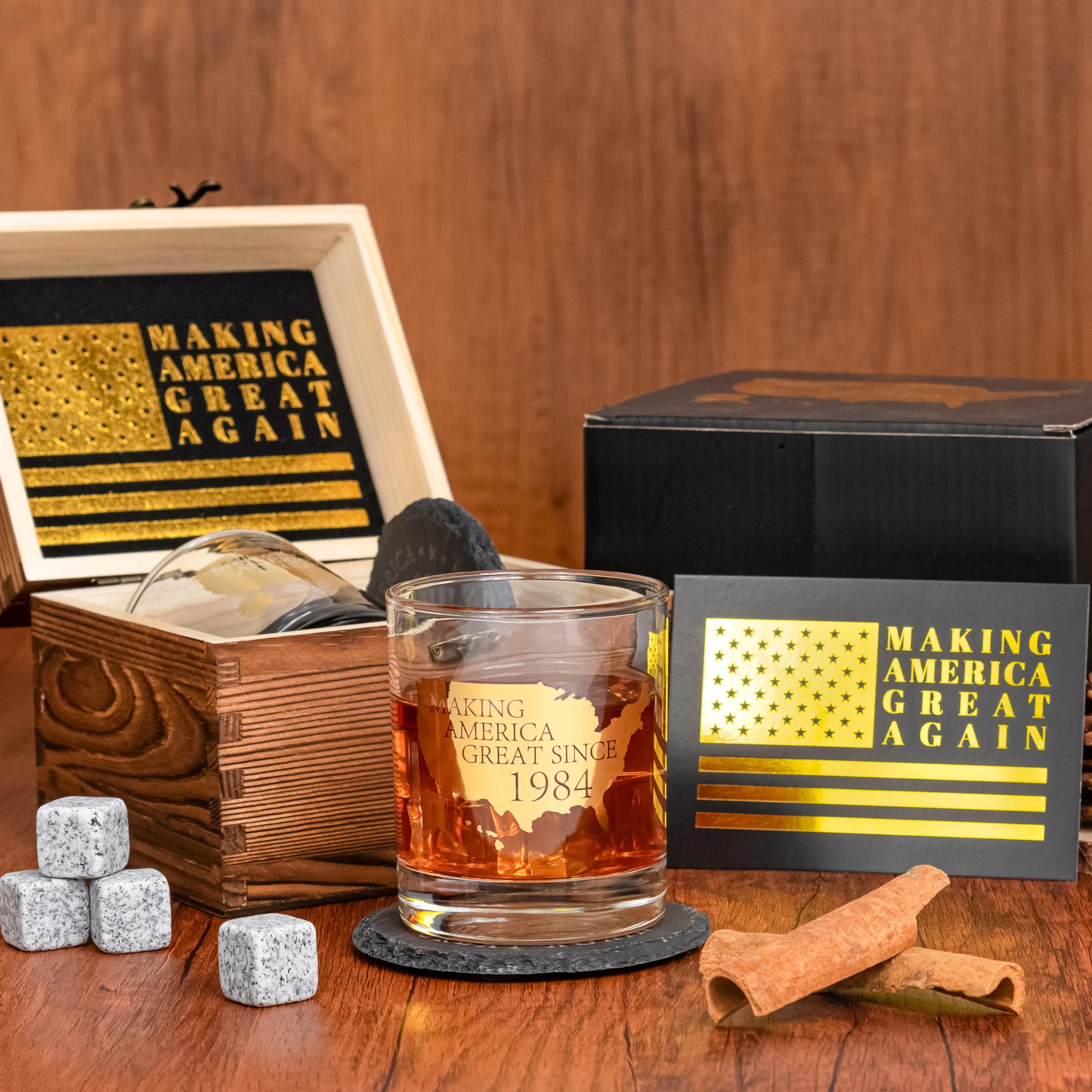 Crisky 40th Birthday Bourbon Whiskey Glass & Stones 40th Birthday Gift for Men Making XX Great Since 1984 Includes One Crystal Whisky Glass, 4 Chilling Stones, 1 Slate Coaster in Luxury Wooden Box