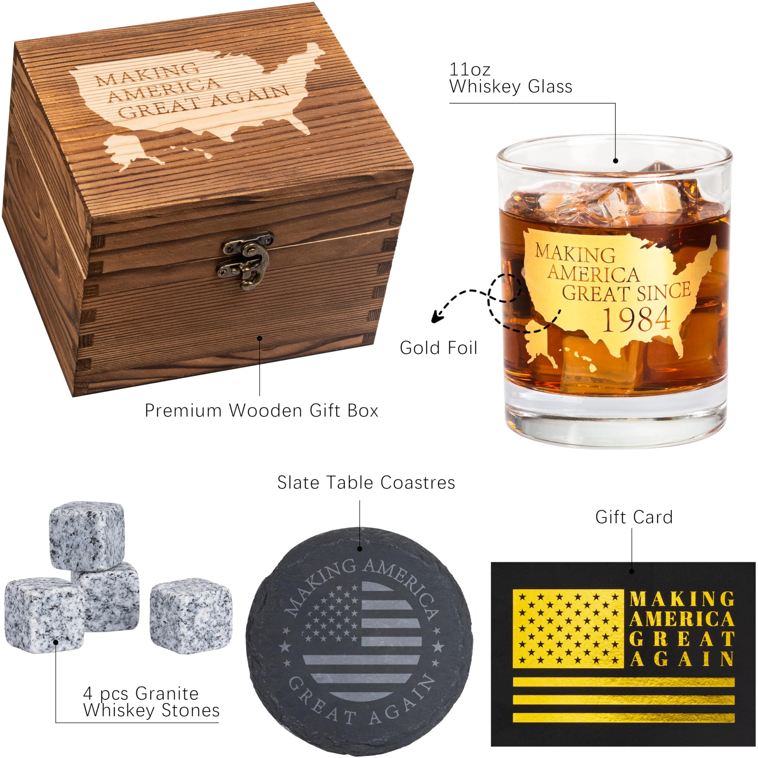 Crisky 40th Birthday Bourbon Whiskey Glass & Stones 40th Birthday Gift for Men Making XX Great Since 1984 Includes One Crystal Whisky Glass, 4 Chilling Stones, 1 Slate Coaster in Luxury Wooden Box