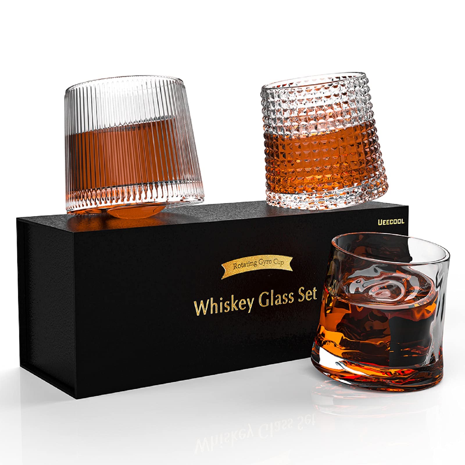 ueecool Whiskey Rocks Glasses, Tumbler Crystal Bar Glass, Rotatable Double Old Fashion Set of 3, 6 oz, Clear,Father's Day Gift (3pc Whiskey Glasses), (WG003)