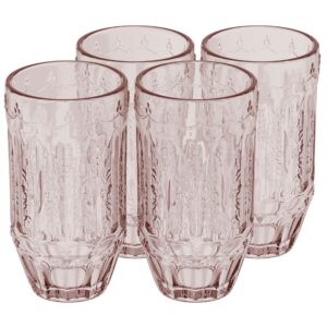 elle decor highball glasses | set of 4 | pink colored vintage glassware set | colored wine tumbler | water cups for party, wedding, & daily use | elegant tom collins glasses (10 oz)