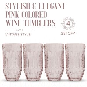 elle decor Highball Glasses | Set of 4 | Pink Colored Vintage Glassware Set | Colored Wine Tumbler | Water Cups for Party, Wedding, & Daily Use | Elegant Tom Collins Glasses (10 oz)