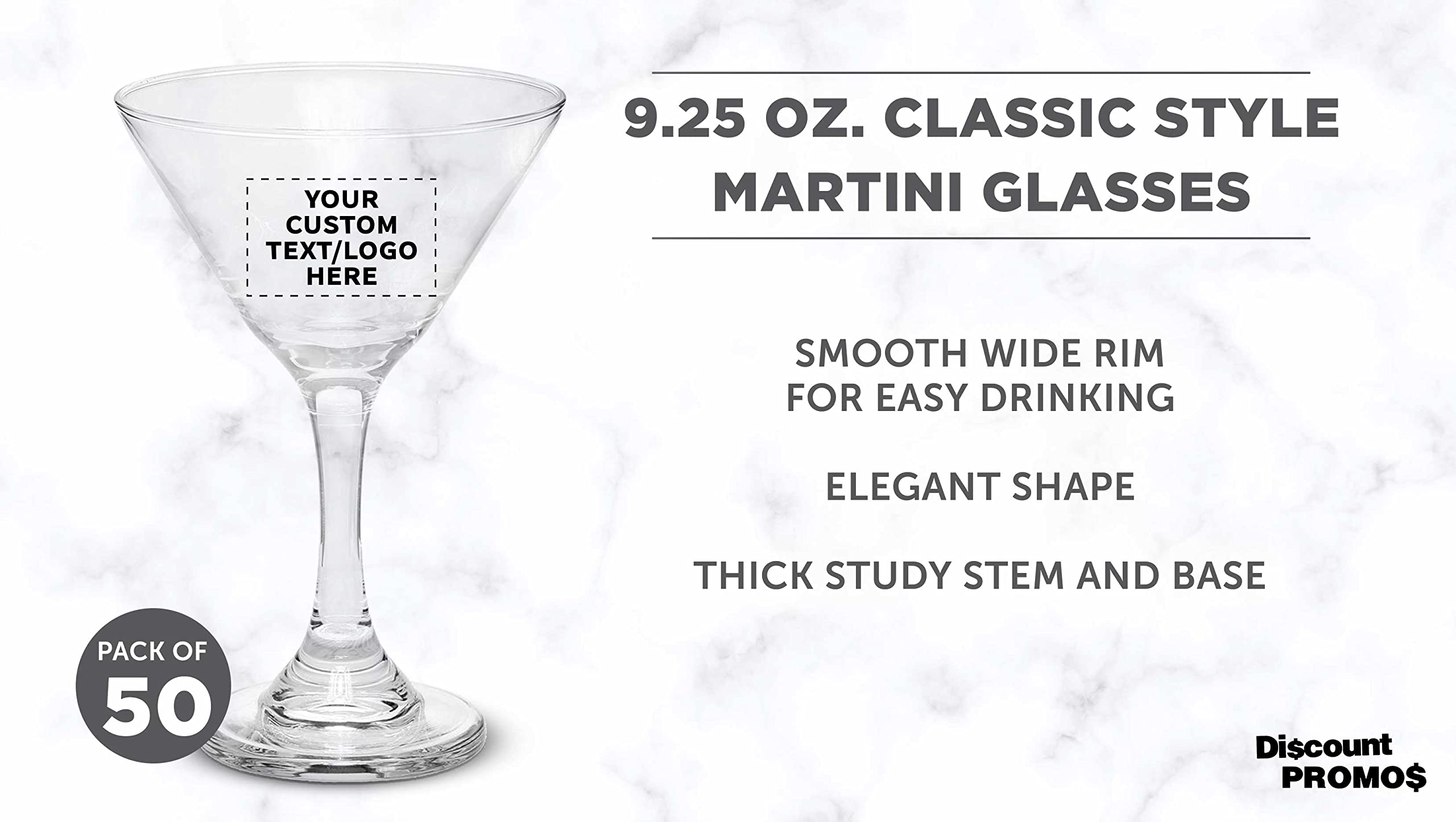 Custom Classic Martini Glasses 9.25 oz. Set of 50, Personalized Bulk Pack - Great for Cocktails, Wedding Favors, Party Favors, Events - Clear