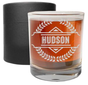 personalized etched 11oz whiskey glass - custom engraved bourbon christmas gifts for men, dad scotch drinking birthday glasses, groomsmen, liquor cocktail rocks old fashioned, hudson