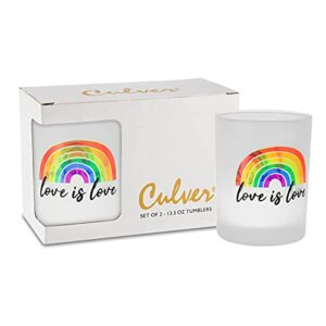 culver pride decorated frosted double old fashioned tumbler glasses, 13.5-ounce, gift boxed set of 2 (rainbow love)