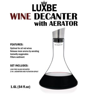 Luxbe - Wine Decanter 54-ounce with Aerator Pourer Lid - 2 in 1-100% Hand Blown Lead-free Crystal Glass, Red Wine Carafe - Descanter with Stainless Steel Lid-Aerator, Filter, Pourer