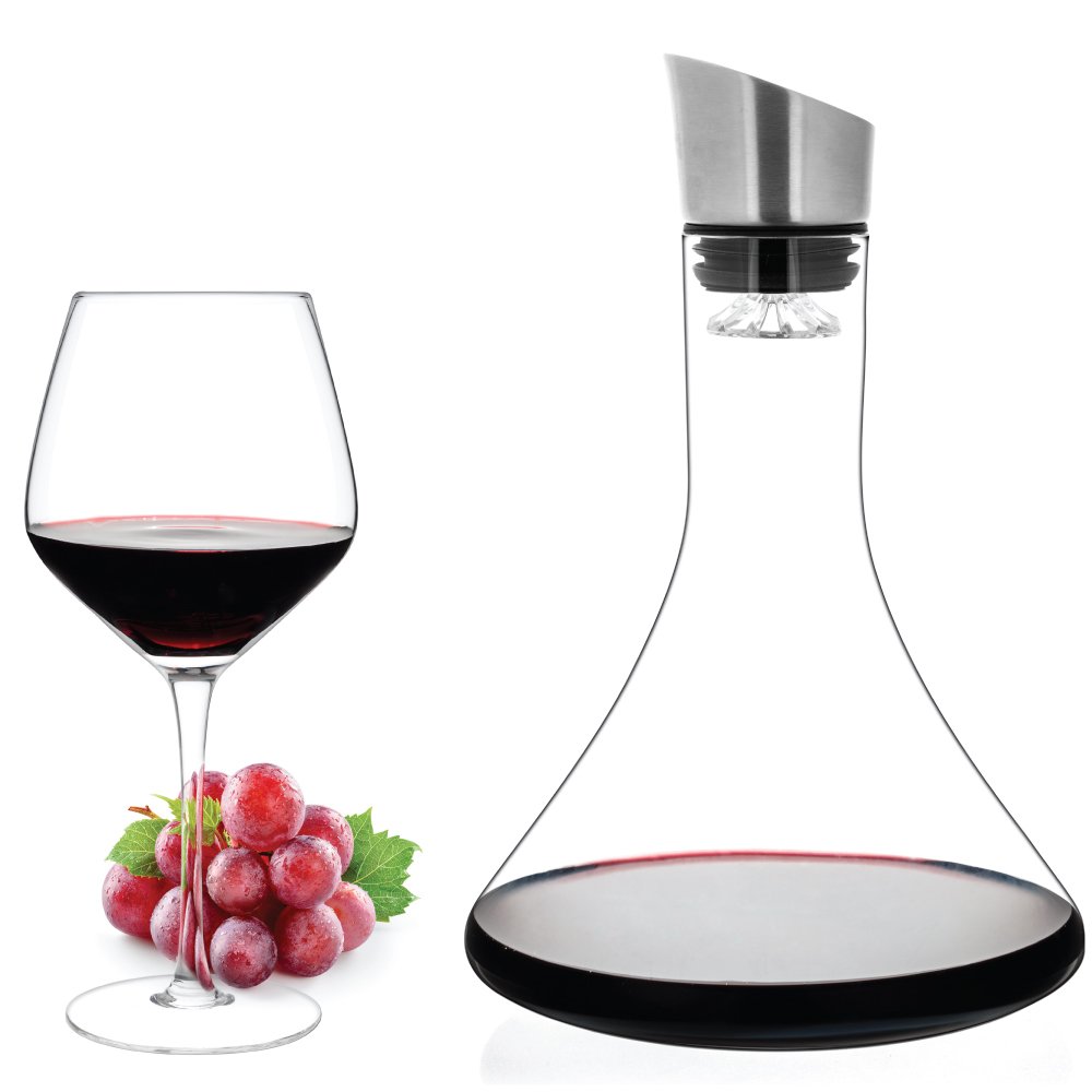 Luxbe - Wine Decanter 54-ounce with Aerator Pourer Lid - 2 in 1-100% Hand Blown Lead-free Crystal Glass, Red Wine Carafe - Descanter with Stainless Steel Lid-Aerator, Filter, Pourer