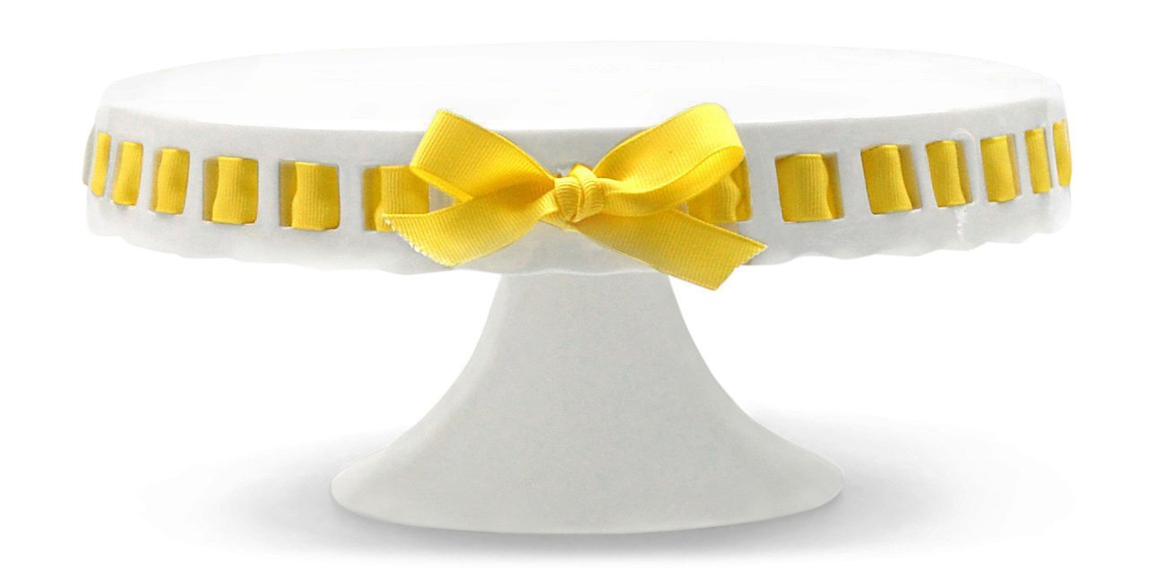 10 inch Pedestal Footed Cake Display Stand with Scalloped Edge and Interchangeable Ribbon Trim (Includes 3 Grosgrain Ribbons) Perfect for Wedding Cakes Baby Showers Birthdays