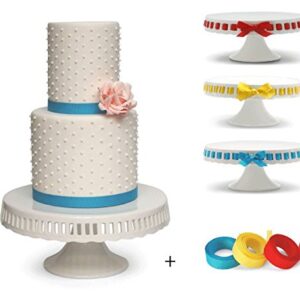 10 inch Pedestal Footed Cake Display Stand with Scalloped Edge and Interchangeable Ribbon Trim (Includes 3 Grosgrain Ribbons) Perfect for Wedding Cakes Baby Showers Birthdays