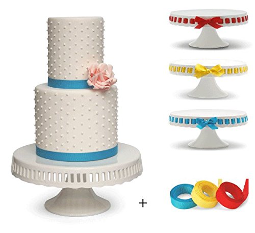 10 inch Pedestal Footed Cake Display Stand with Scalloped Edge and Interchangeable Ribbon Trim (Includes 3 Grosgrain Ribbons) Perfect for Wedding Cakes Baby Showers Birthdays