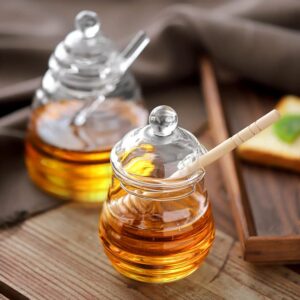 Eachave 16.9 Oz Honey Pot with Dipper, Glass Honey Jar and Dipper Set, Honey Dispenser, Beehive Honey Pot for Store Honey and Syrup(wooden stick)