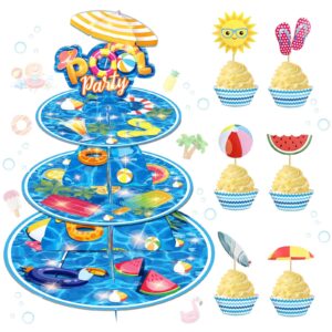 25 pcs pool cupcake stand 3-tier and pool cupcake topper set, fiesec pool theme summer beach ball swimming hawaii party supplies cardboard dessert tower holder round serving stand holder