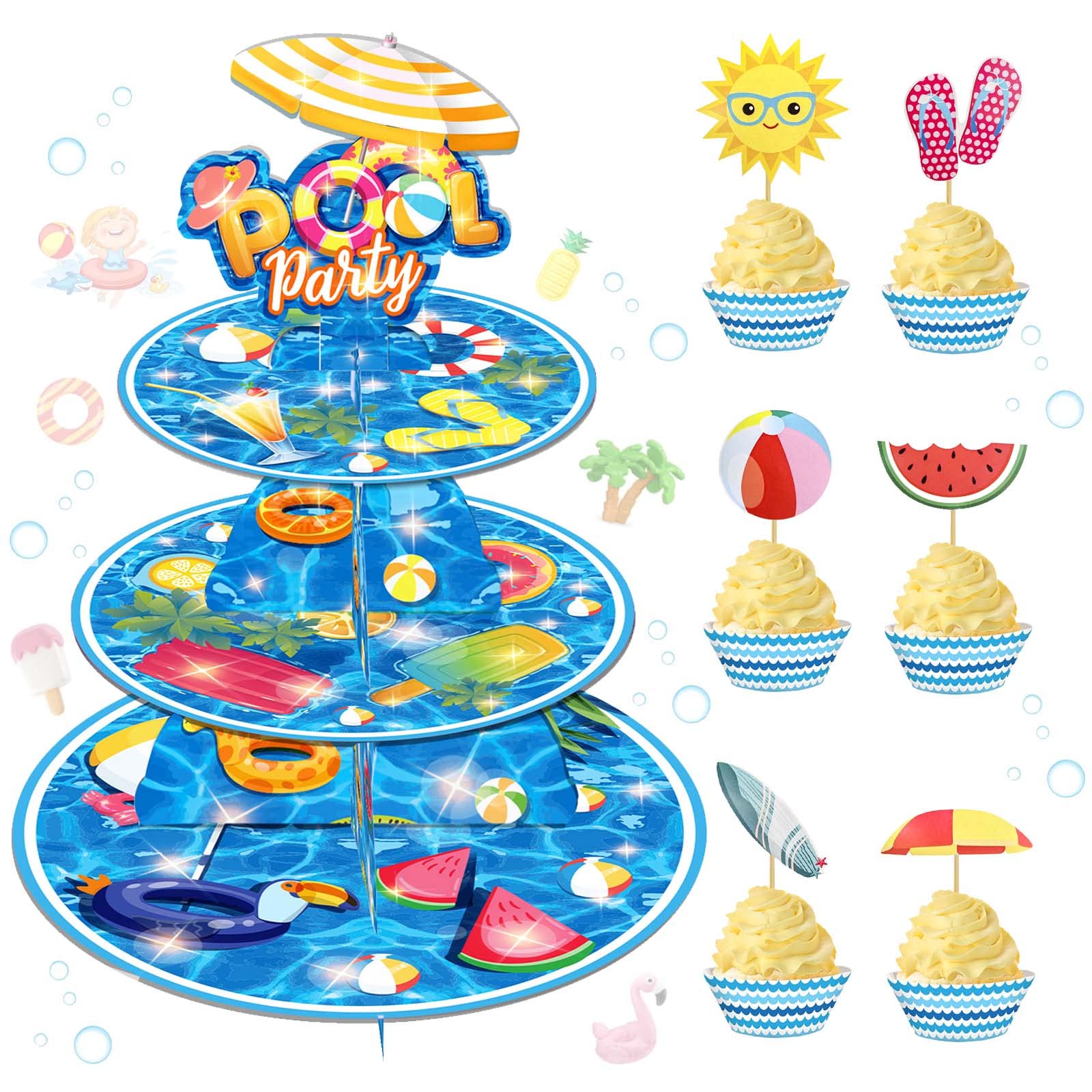 25 PCs Pool Cupcake Stand 3-Tier and Pool Cupcake Topper Set, Fiesec Pool Theme Summer Beach Ball Swimming Hawaii Party Supplies Cardboard Dessert Tower Holder Round Serving Stand Holder