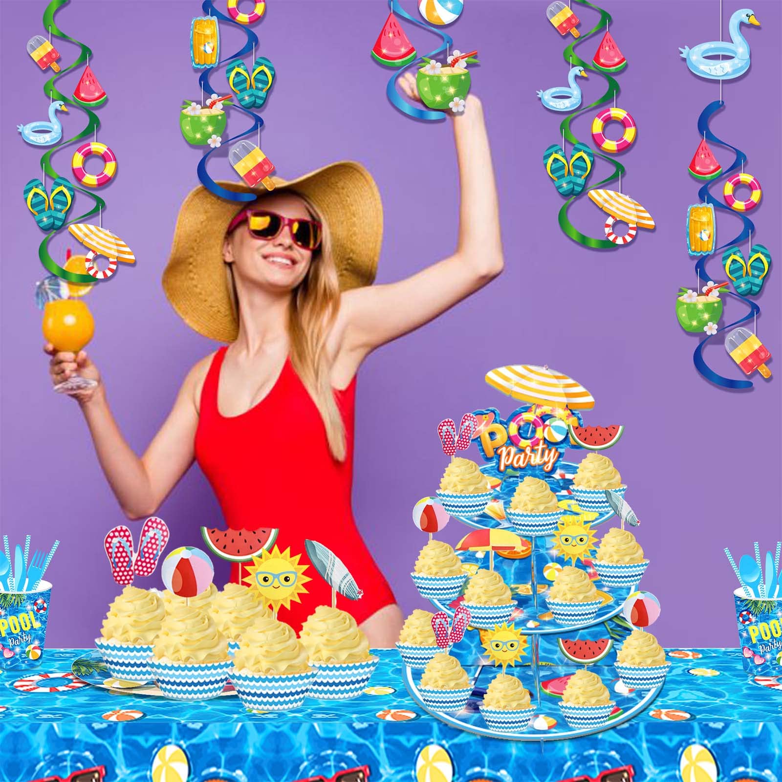 25 PCs Pool Cupcake Stand 3-Tier and Pool Cupcake Topper Set, Fiesec Pool Theme Summer Beach Ball Swimming Hawaii Party Supplies Cardboard Dessert Tower Holder Round Serving Stand Holder