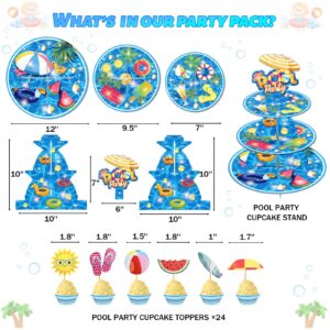 25 PCs Pool Cupcake Stand 3-Tier and Pool Cupcake Topper Set, Fiesec Pool Theme Summer Beach Ball Swimming Hawaii Party Supplies Cardboard Dessert Tower Holder Round Serving Stand Holder