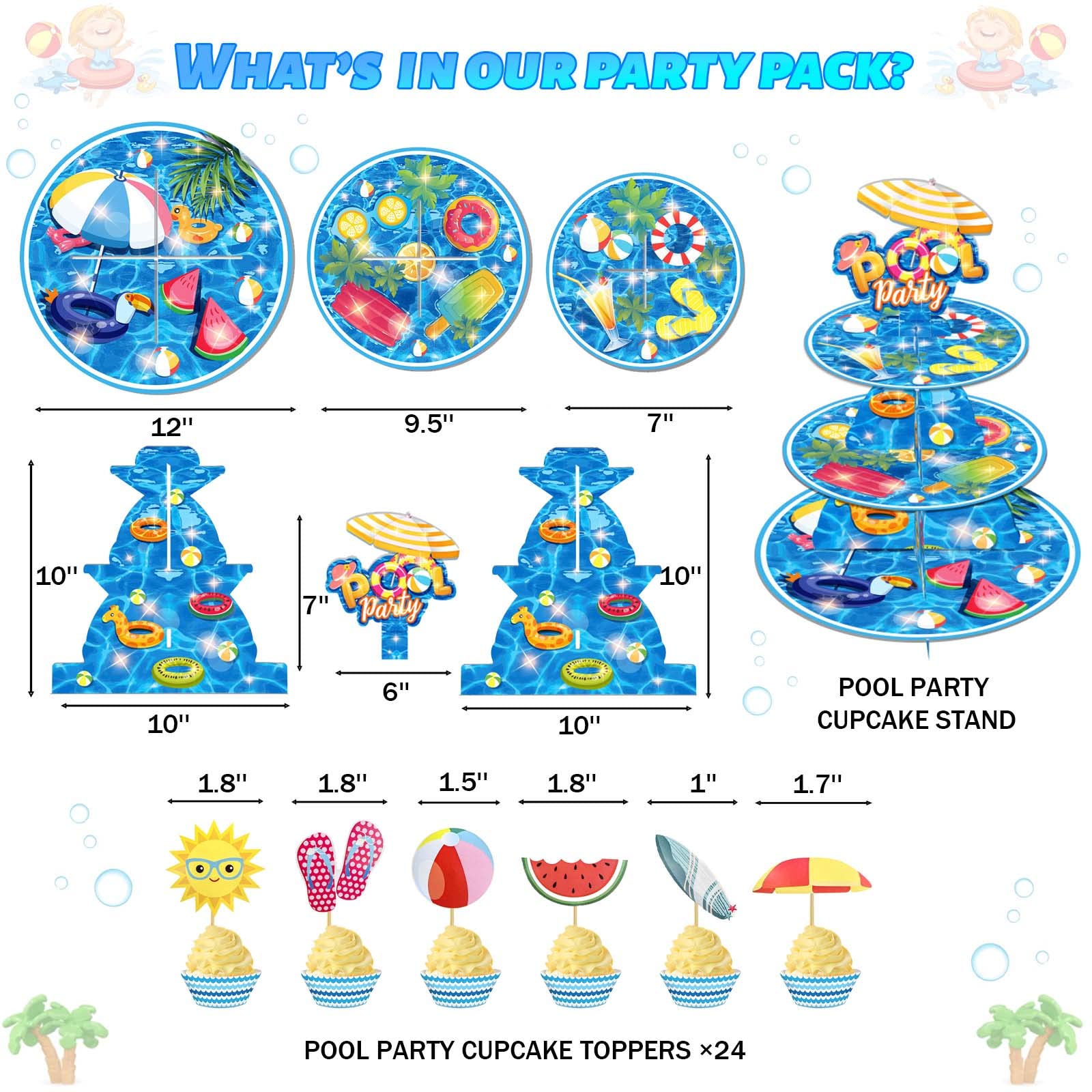 25 PCs Pool Cupcake Stand 3-Tier and Pool Cupcake Topper Set, Fiesec Pool Theme Summer Beach Ball Swimming Hawaii Party Supplies Cardboard Dessert Tower Holder Round Serving Stand Holder