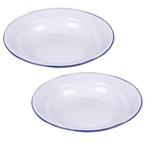 ipetboom enamel plates 2pcs enamelware dinner serving platter trays retro white round shallow bowls vintage enamel basin mixing bowls with blue rim 18cm