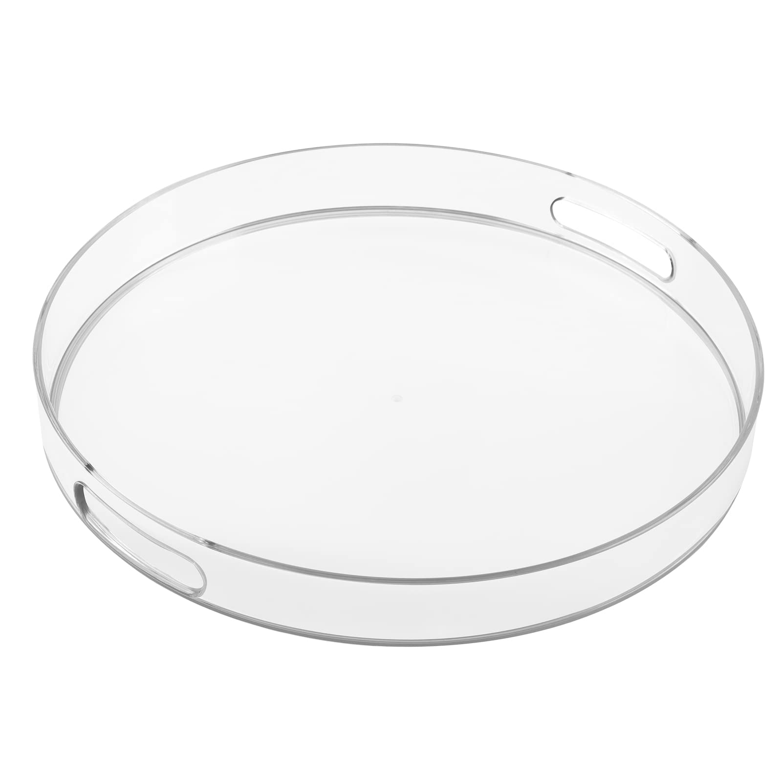 MAONAME Clear Round Serving Tray with Handles, 13" Plastic Clear Tray, Round Decorative Tray for Coffee Table, Ottoman, Bathroom, Vanity