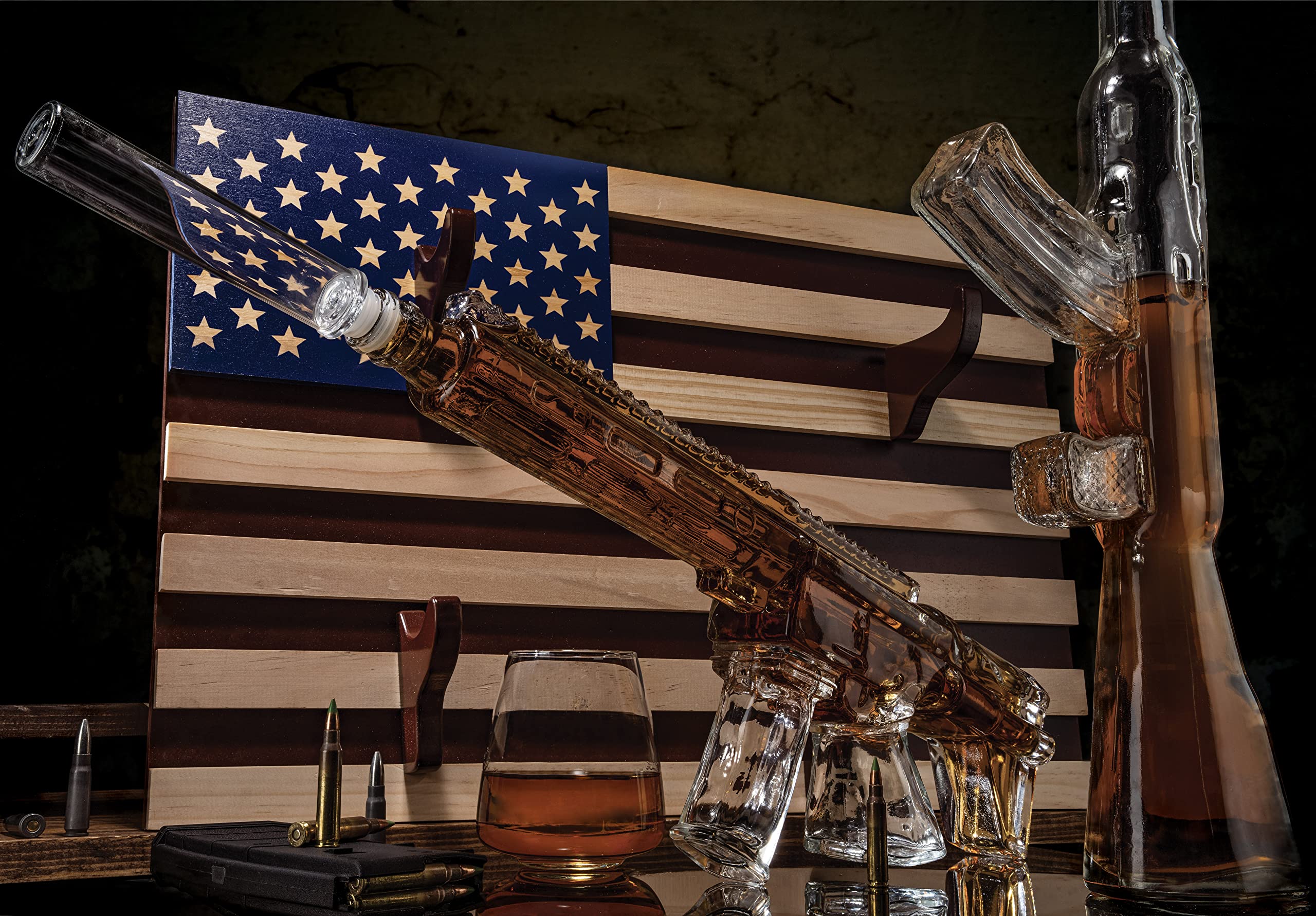 2 Gun Whiskey Decanters Set AR15 and AK47 Gun Decanter 1000ml American Flag Wall Rack by The Wine Savant - Veteran Gifts, Gun Lover Gifts, Tik Tok Gun Decanter, Military Gifts