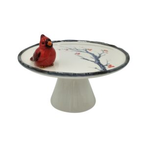 comfy hour joyful holiday collection cake plate stand decorated with red cardinal and decal tree with flower, 7-inch diameter, dolomite