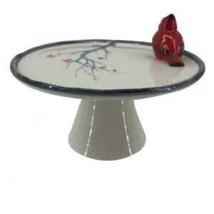 Comfy Hour Joyful Holiday Collection Cake Plate Stand Decorated with Red Cardinal and Decal Tree with Flower, 7-Inch Diameter, Dolomite