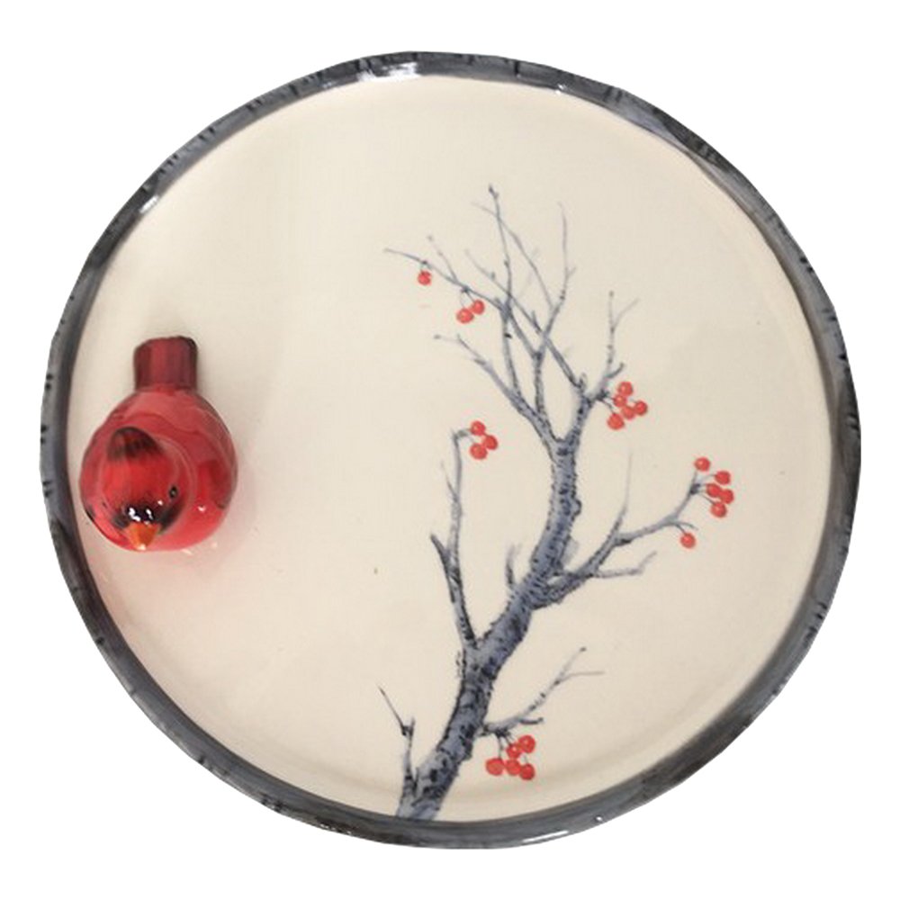 Comfy Hour Joyful Holiday Collection Cake Plate Stand Decorated with Red Cardinal and Decal Tree with Flower, 7-Inch Diameter, Dolomite