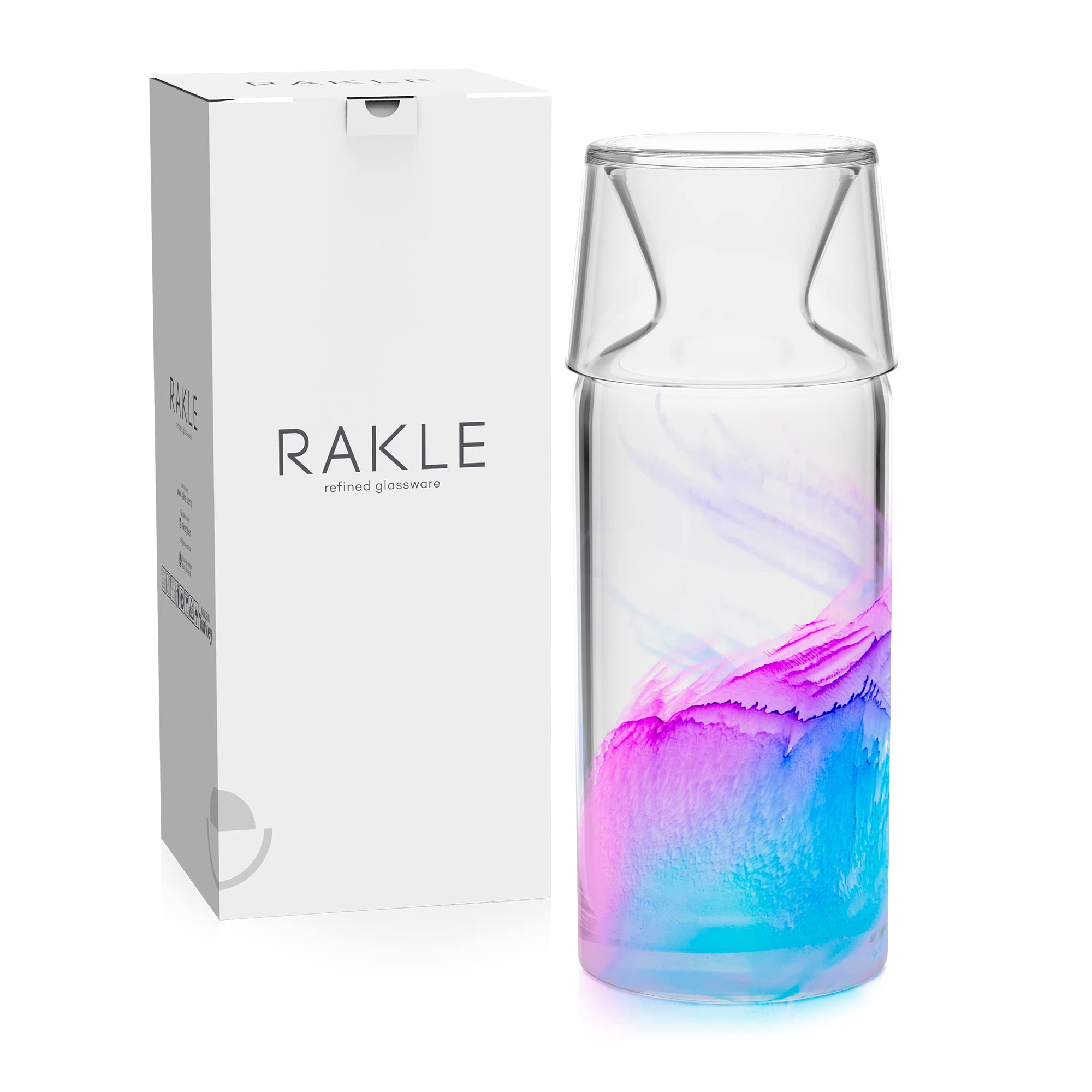 Rakle Bedside Water Carafe – 23.6oz Water Carafe and Glass – Glass Water Pitcher for Nightstand, Bedroom, Bathroom – Glass Water Carafe/Mouthwash Container for Water, Lemonade, Juice