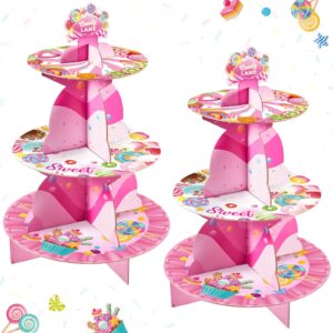 zubebe 2 pcs candyland party decorations 3 tier cupcake holder candyland decorations pink cupcake stand candyland cardboard cupcake holder candy land dessert stand for birthday baby shower shop party