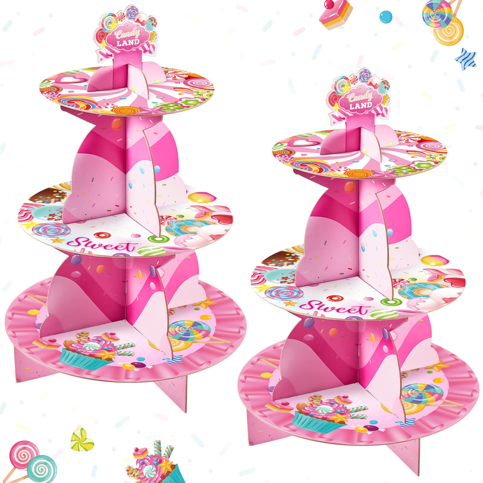 Zubebe 2 Pcs Candyland Party Decorations 3 Tier Cupcake Holder Candyland Decorations Pink Cupcake Stand Candyland Cardboard Cupcake Holder Candy Land Dessert Stand for Birthday Baby Shower Shop Party