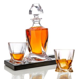 bezrat whiskey glasses and liquor decanter set | (2) crystal bourbon glasses with matching whiskey decanter on beautiful wood tray | glass has a sleek square twisted bottom for easy handling