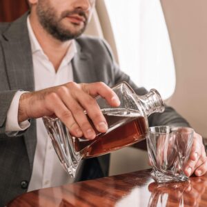 Bezrat Whiskey Glasses and Liquor Decanter set | (2) Crystal Bourbon Glasses with Matching Whiskey Decanter on beautiful wood tray | Glass Has a Sleek Square Twisted Bottom for Easy Handling