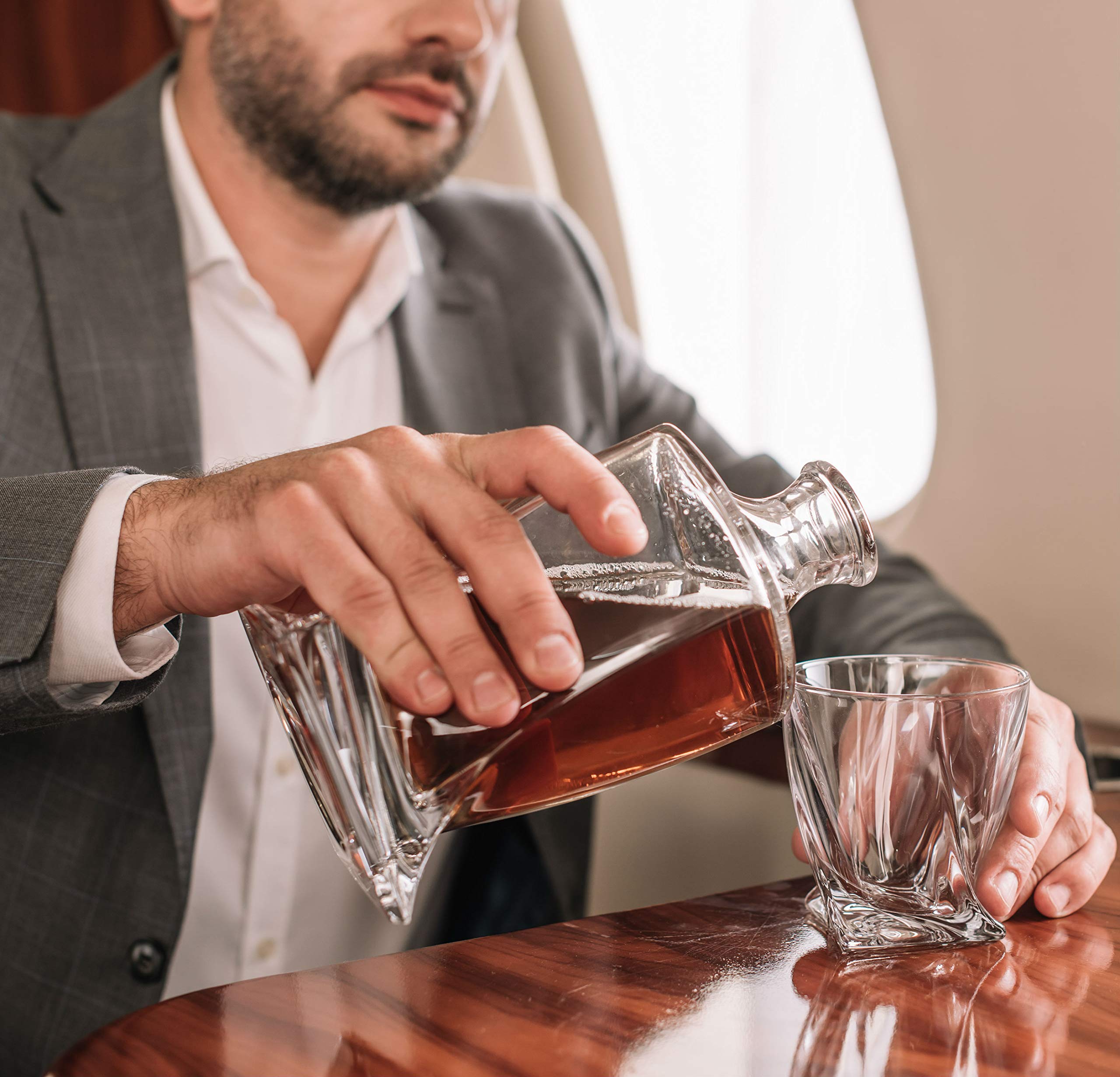 Bezrat Whiskey Glasses and Liquor Decanter set | (2) Crystal Bourbon Glasses with Matching Whiskey Decanter on beautiful wood tray | Glass Has a Sleek Square Twisted Bottom for Easy Handling