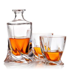 Bezrat Whiskey Glasses and Liquor Decanter set | (2) Crystal Bourbon Glasses with Matching Whiskey Decanter on beautiful wood tray | Glass Has a Sleek Square Twisted Bottom for Easy Handling