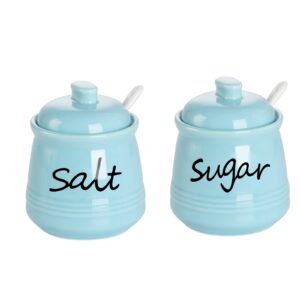 ontube 12oz sugar and salt bowls with lid and spoon, ceramics condiment pots,seasoning jar spice container for kitchen,dishwasher safe (turquoise)