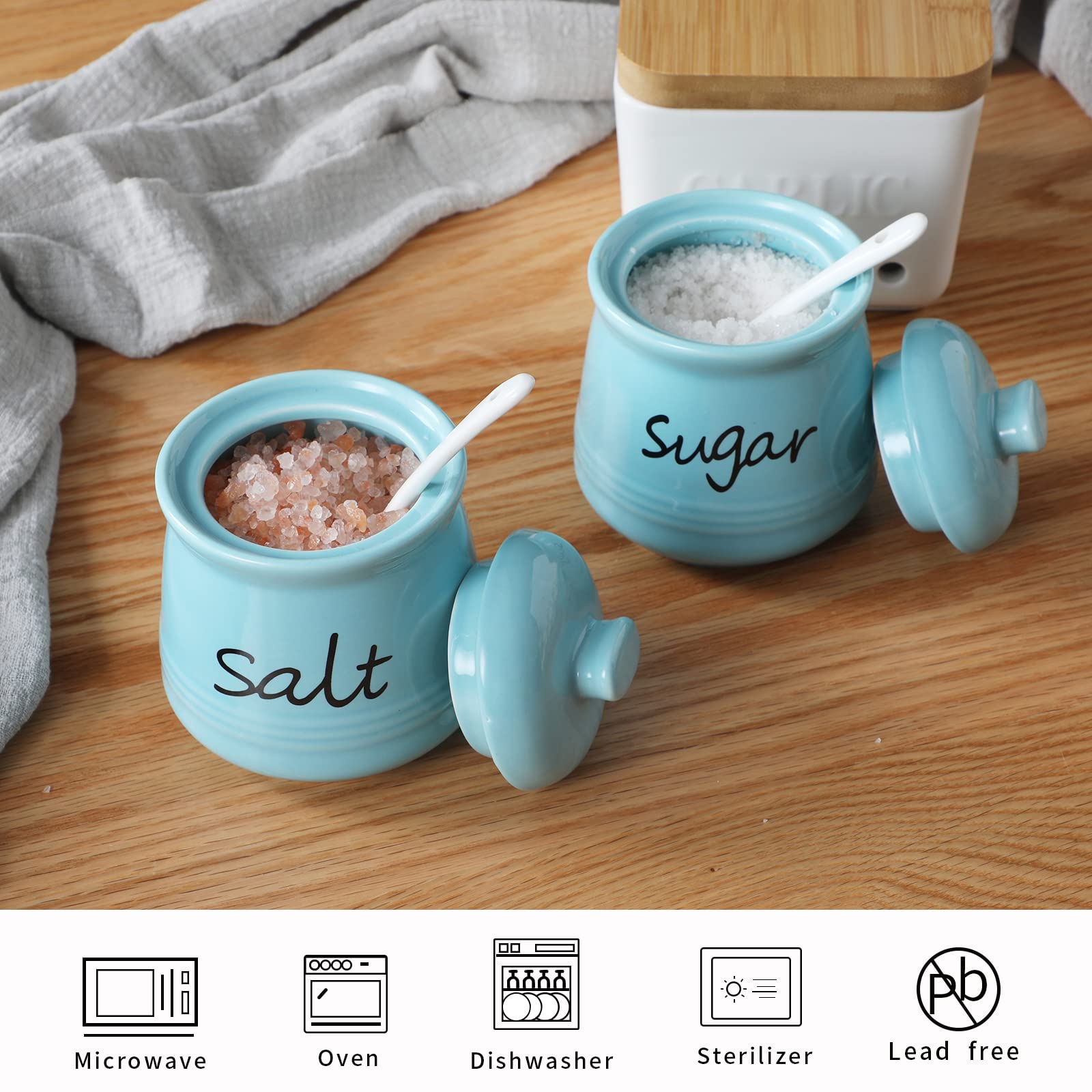 ONTUBE 12oz Sugar and Salt Bowls with Lid and Spoon, Ceramics Condiment Pots,Seasoning Jar Spice Container for Kitchen,Dishwasher Safe (Turquoise)