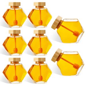 sunnyray 8 pcs 220 ml glass honey jars with dipper hexagonal honey pot jars clear glass honey dispenser small honey containers honey bottle with wooden dipper and cork lid for home storage kitchen