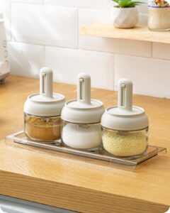 baffect spice containers, set of 3 coffee bar sugar jars with adjustable spoons, glass salt bottles with a tray for kitchen seasonings (apricot white)