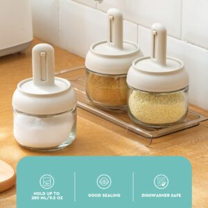 Baffect Spice Containers, Set of 3 Coffee Bar Sugar Jars with Adjustable Spoons, Glass Salt Bottles with a Tray for Kitchen Seasonings (Apricot White)