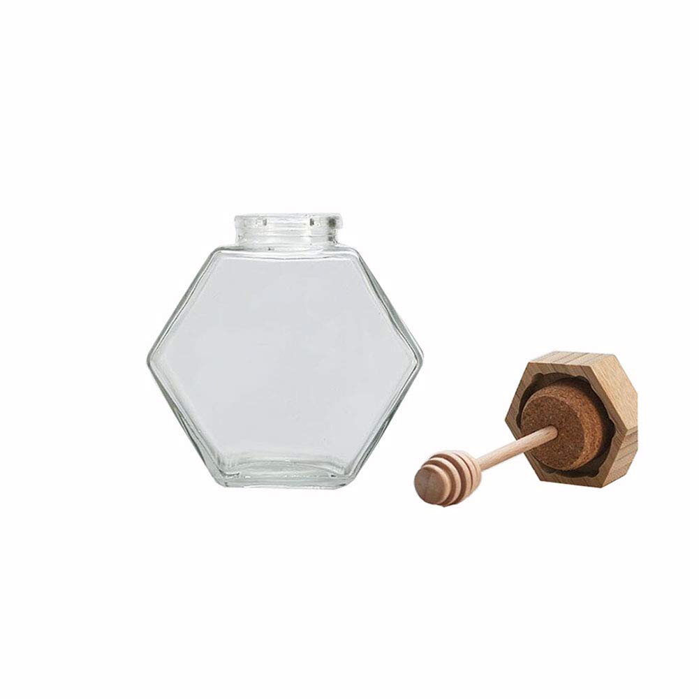 1PC 220ml Clear Glass Refillable Hexagon Shape Honey Pot Jar with Wooden Dipper Sticks and Lid Syrup Dispenser Container Empty Bottle Food Storage for Home Kitchen