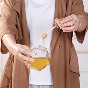 1PC 220ml Clear Glass Refillable Hexagon Shape Honey Pot Jar with Wooden Dipper Sticks and Lid Syrup Dispenser Container Empty Bottle Food Storage for Home Kitchen