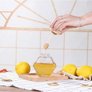 1PC 220ml Clear Glass Refillable Hexagon Shape Honey Pot Jar with Wooden Dipper Sticks and Lid Syrup Dispenser Container Empty Bottle Food Storage for Home Kitchen