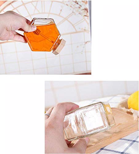 1PC 220ml Clear Glass Refillable Hexagon Shape Honey Pot Jar with Wooden Dipper Sticks and Lid Syrup Dispenser Container Empty Bottle Food Storage for Home Kitchen