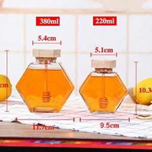 1PC 220ml Clear Glass Refillable Hexagon Shape Honey Pot Jar with Wooden Dipper Sticks and Lid Syrup Dispenser Container Empty Bottle Food Storage for Home Kitchen