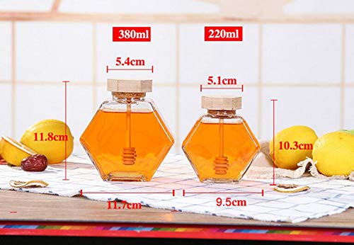 1PC 220ml Clear Glass Refillable Hexagon Shape Honey Pot Jar with Wooden Dipper Sticks and Lid Syrup Dispenser Container Empty Bottle Food Storage for Home Kitchen